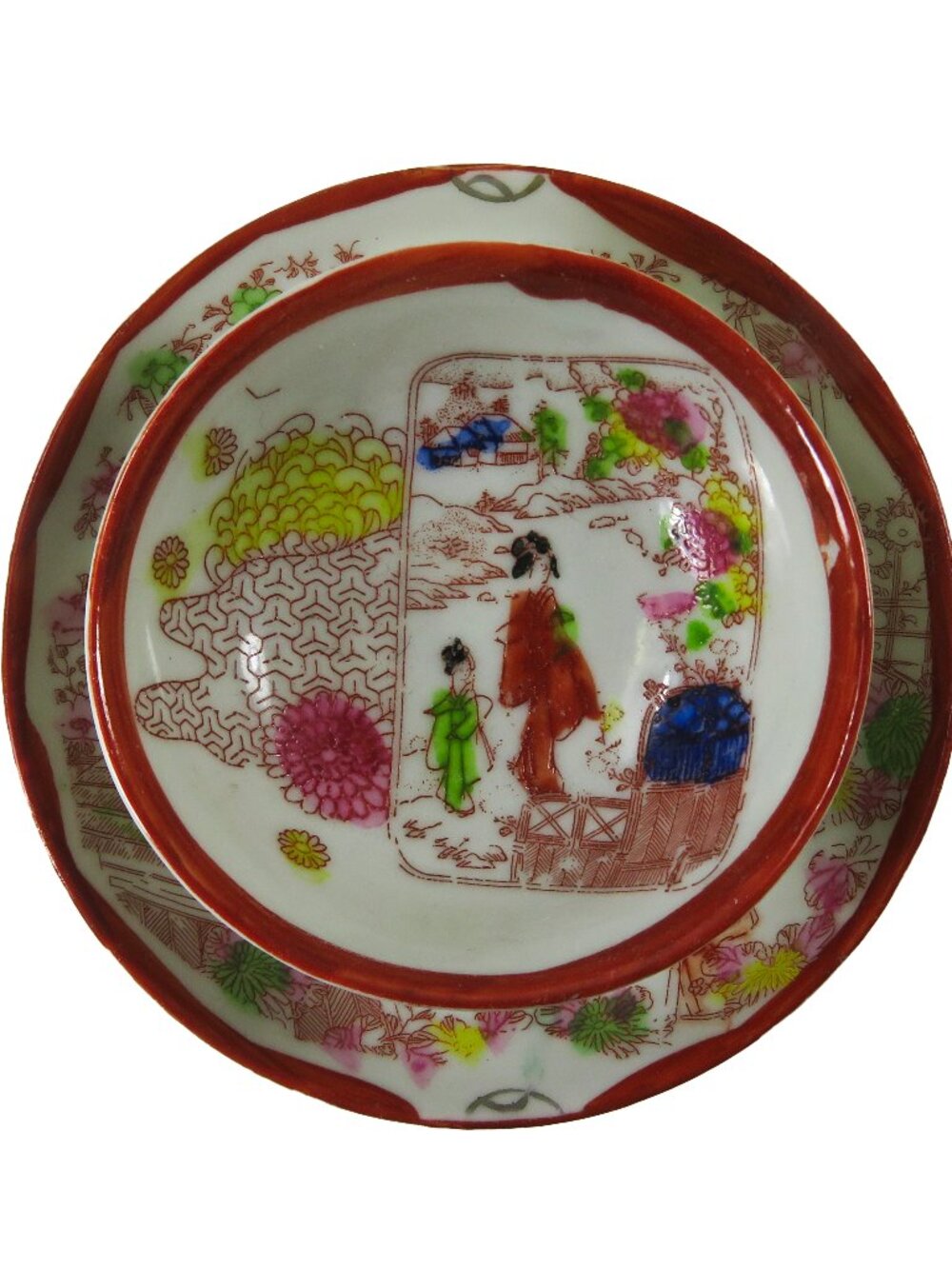 Vintage Hand Painted Japan Floral Geishas Coral Trim 3" Bowl & 4.25" Saucer Set